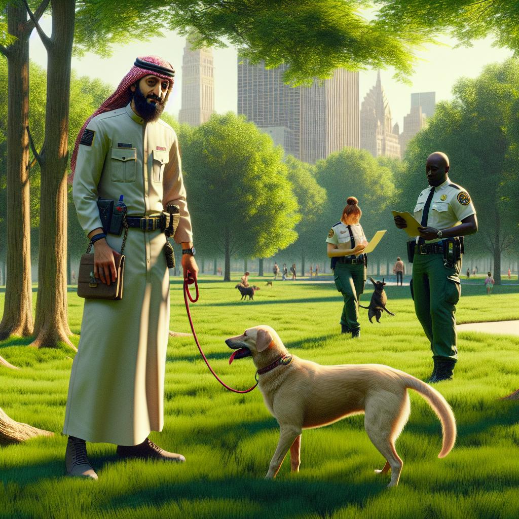 Dog owner, authorities, park background.
