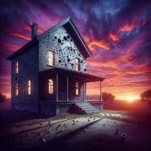 Bullet-ridden house at dawn