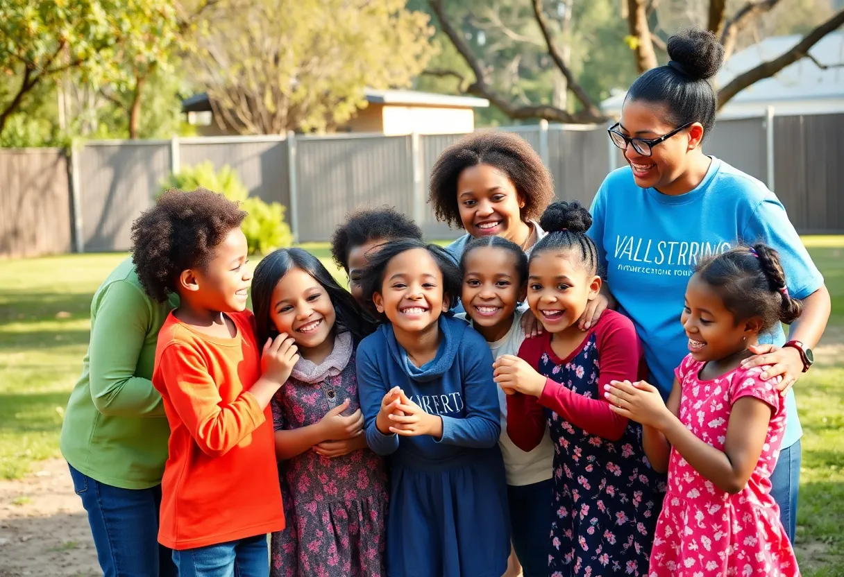 Children and volunteers engaged in a mentoring activity outdoors