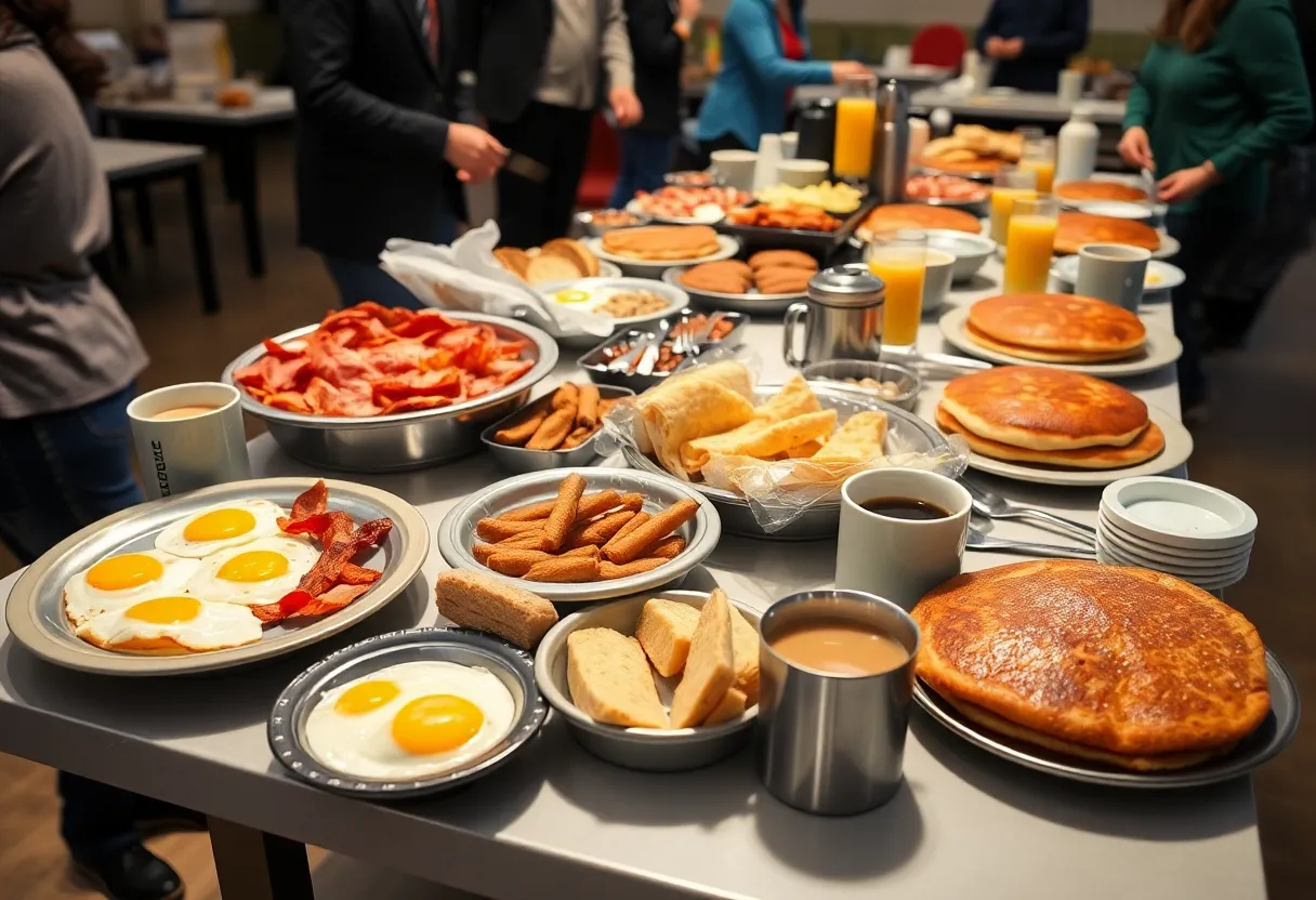 Community breakfast fundraiser with a variety of food options