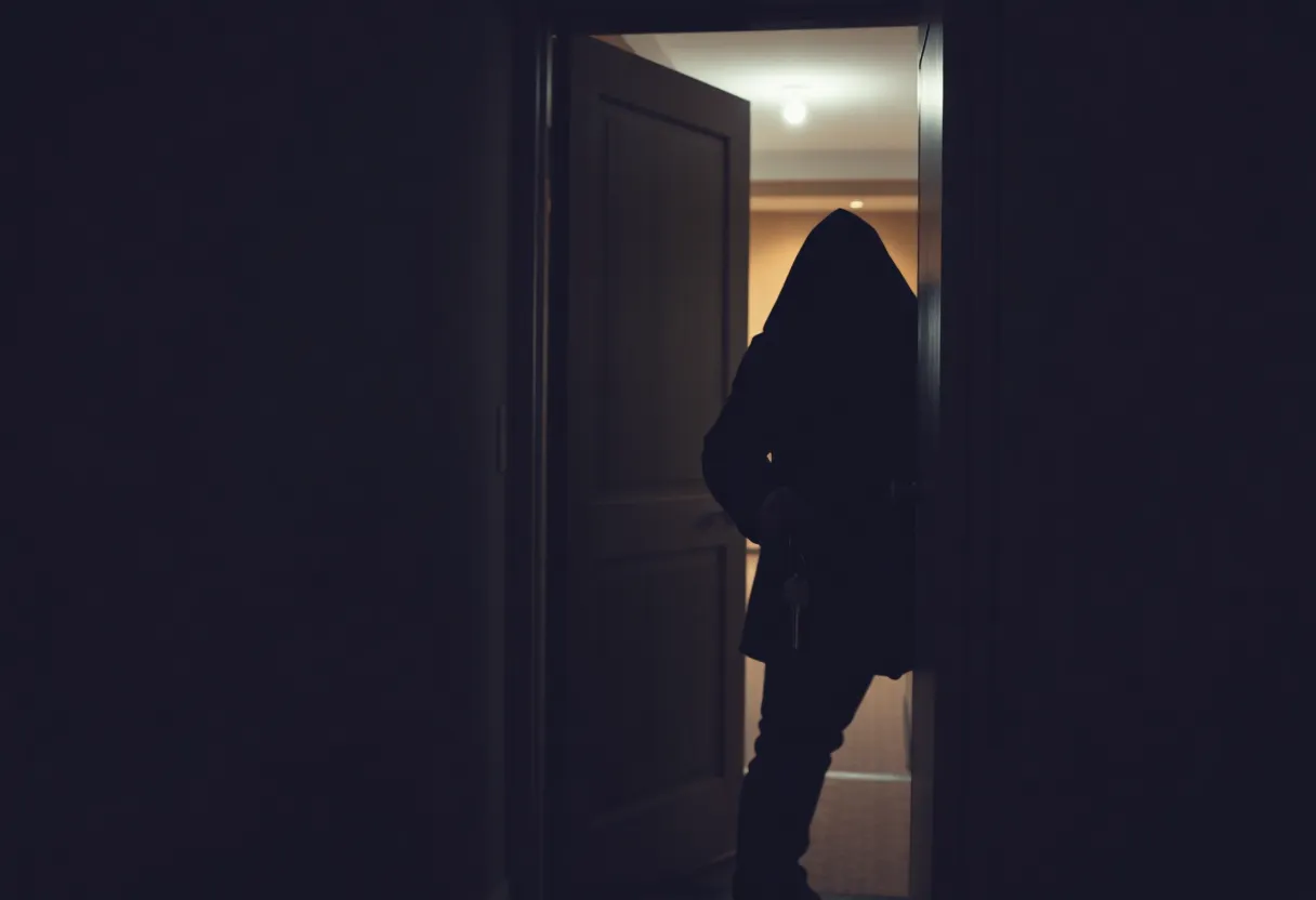 Silhouette of a burglar entering a hotel room with a master key