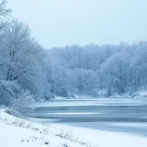 A winter scene depicting snow-covered trees and a frozen lake in Central Kentucky.