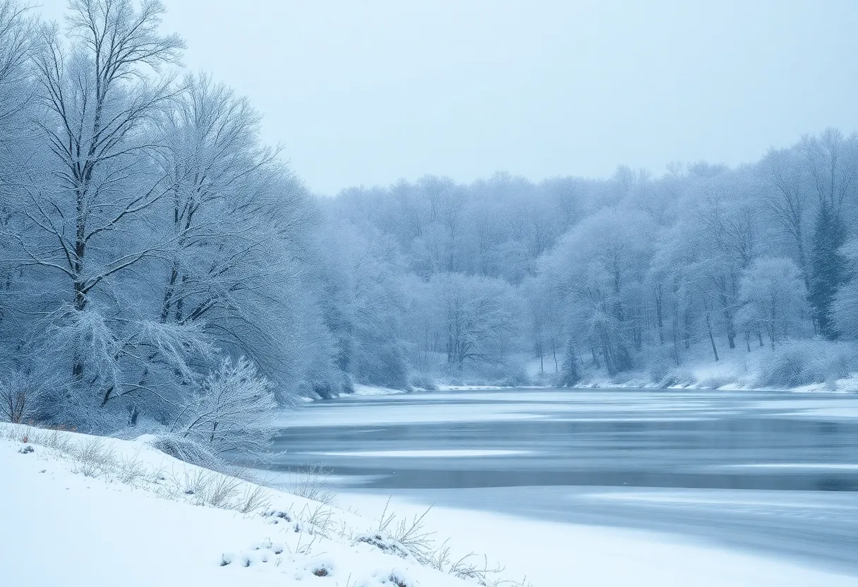 A winter scene depicting snow-covered trees and a frozen lake in Central Kentucky.