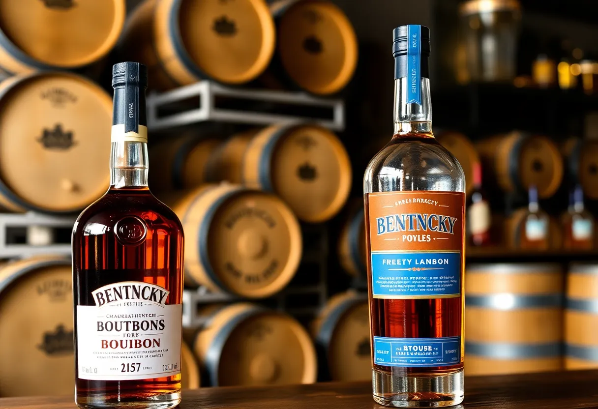 Two new bourbons from Club Blue displayed on a rustic bar.