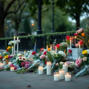 A memorial with flowers and candles in a Lexington park