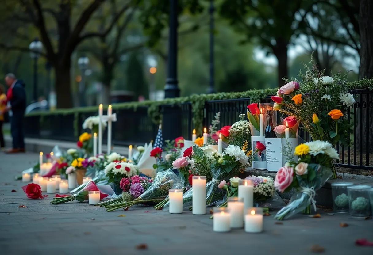 A memorial with flowers and candles in a Lexington park