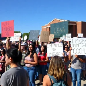 Diverse community gathering in Lexington supporting immigration rights