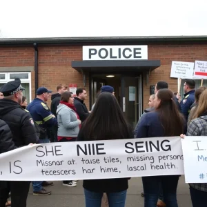 Community gathering in front of a police station in Lexington supporting the search for missing individuals.
