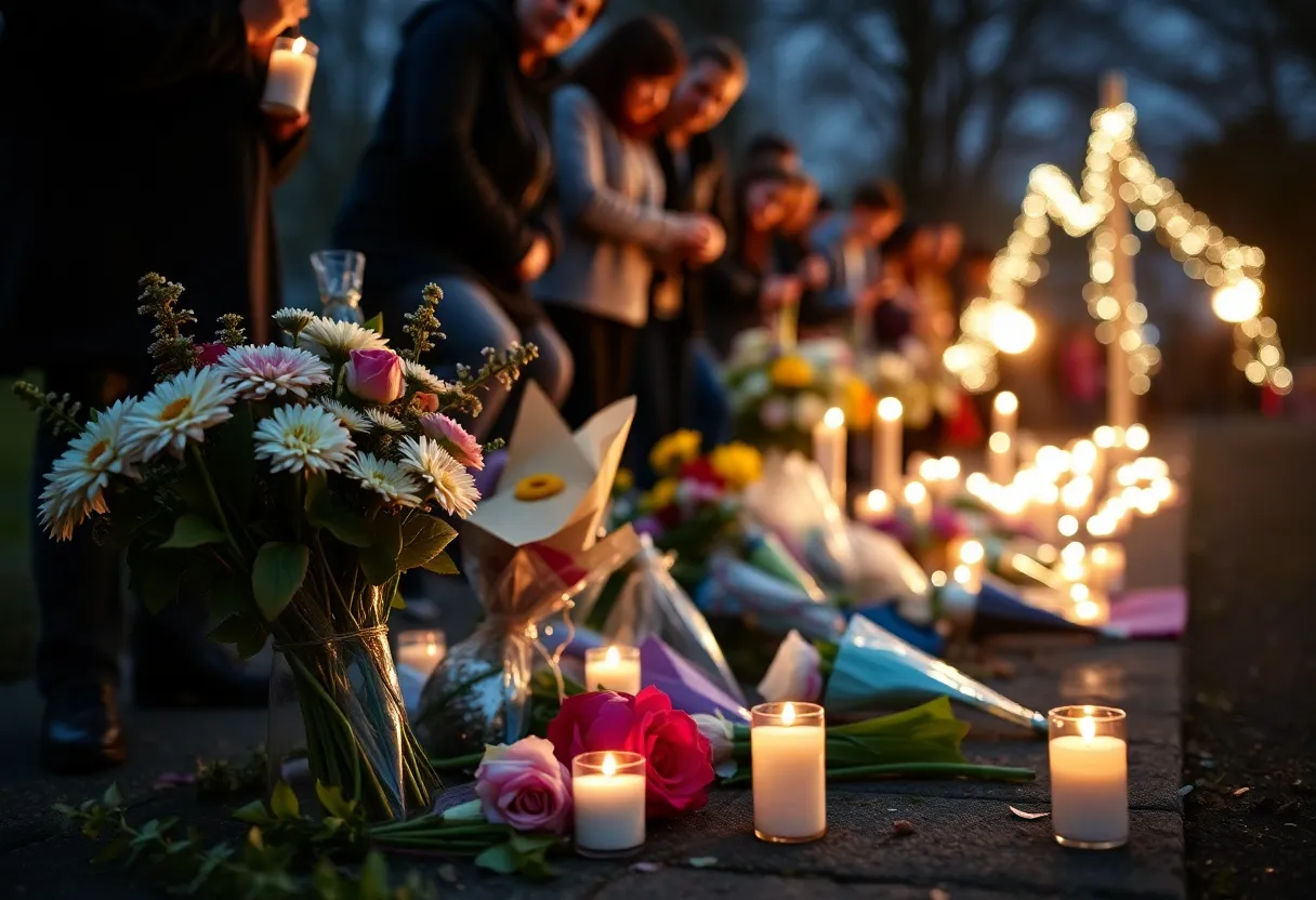 Community members gather to pay tribute to Jared Suarez with candles and flowers.