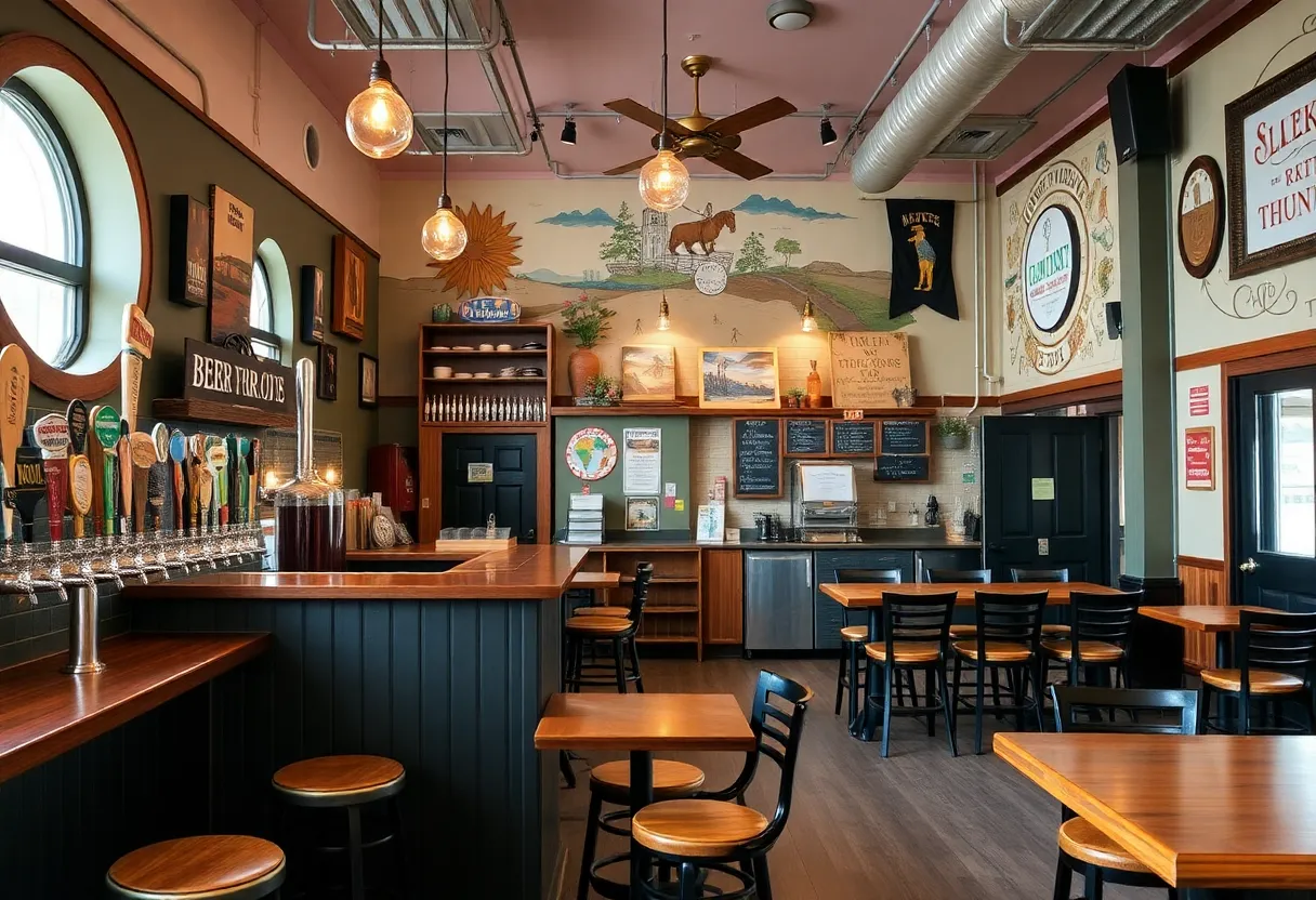 Interior view of West Sixth Brewing's Covington taproom showcasing beer taps and seating.
