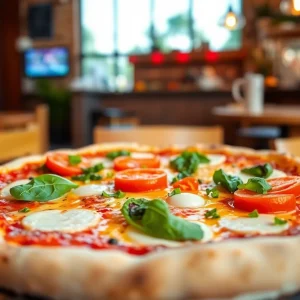 A wood-fired pizza with a variety of toppings served in a restaurant