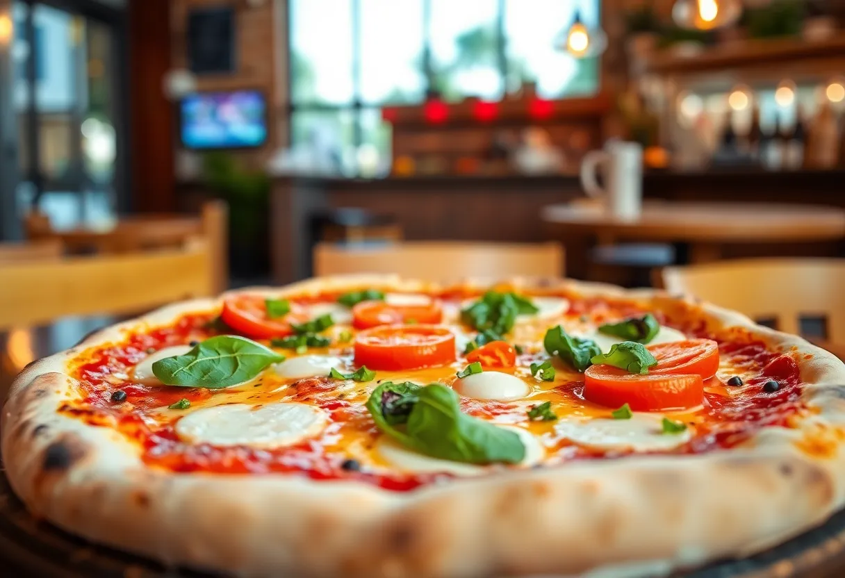 A wood-fired pizza with a variety of toppings served in a restaurant