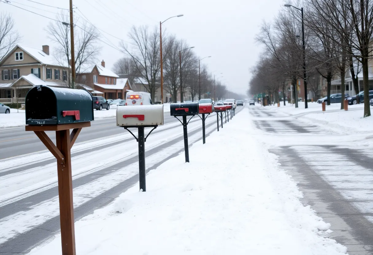 Snow-covered street in Lexington with damaged mailboxes