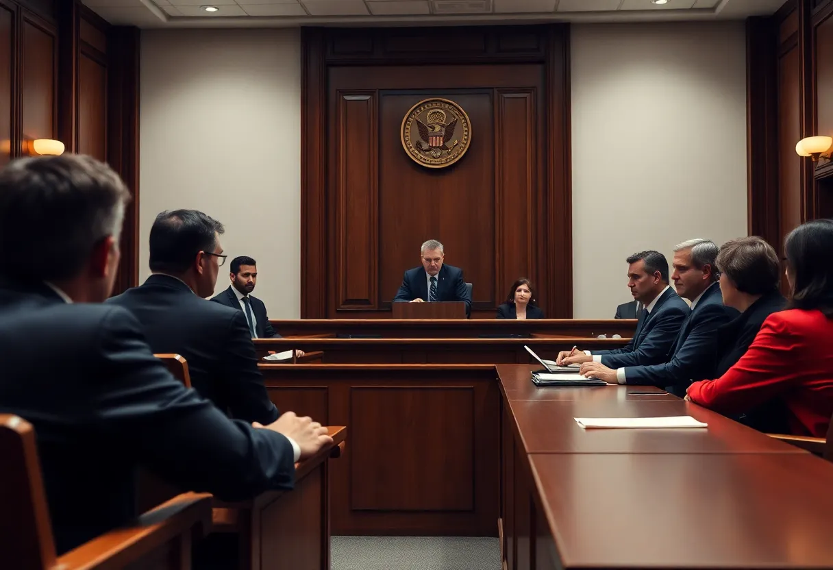 Courtroom scene during a murder trial retrial