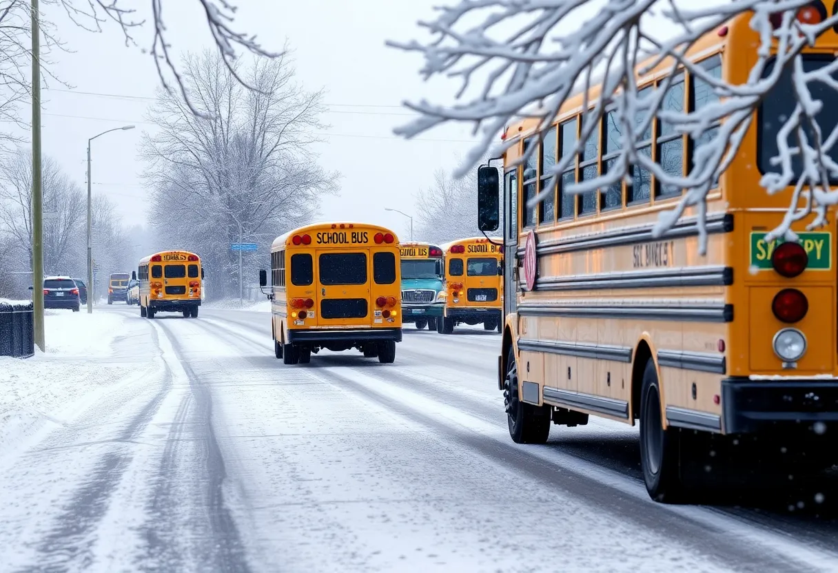 School buses on a snowy road in Fayette County