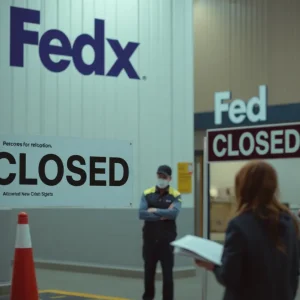 FedEx facility with a closed sign and employees discussing job options
