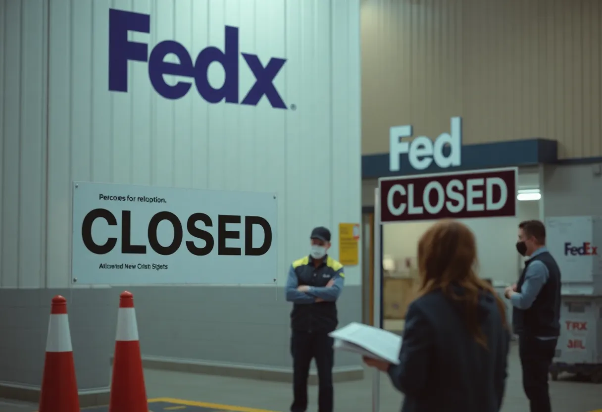 FedEx facility with a closed sign and employees discussing job options