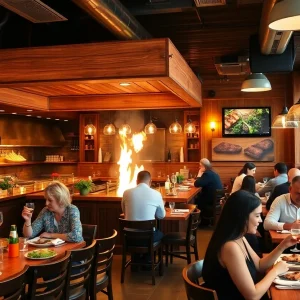 Interior of Firebirds Wood Fired Grill featuring diners and an open kitchen
