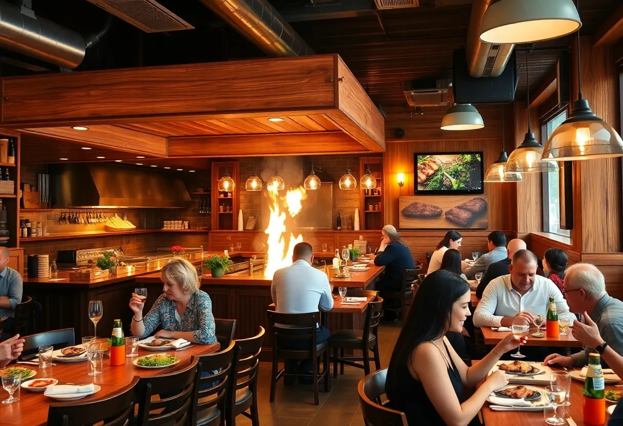 Interior of Firebirds Wood Fired Grill featuring diners and an open kitchen