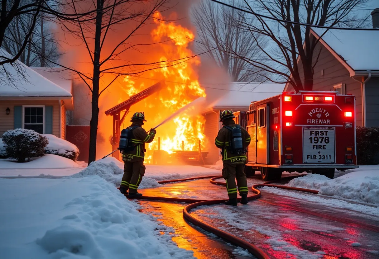 Firefighters combating a structure fire during a winter storm in Lexington.