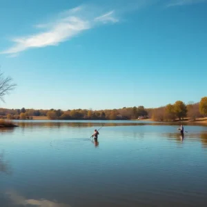 Anglers fishing at a neighborhood lake in Kentucky