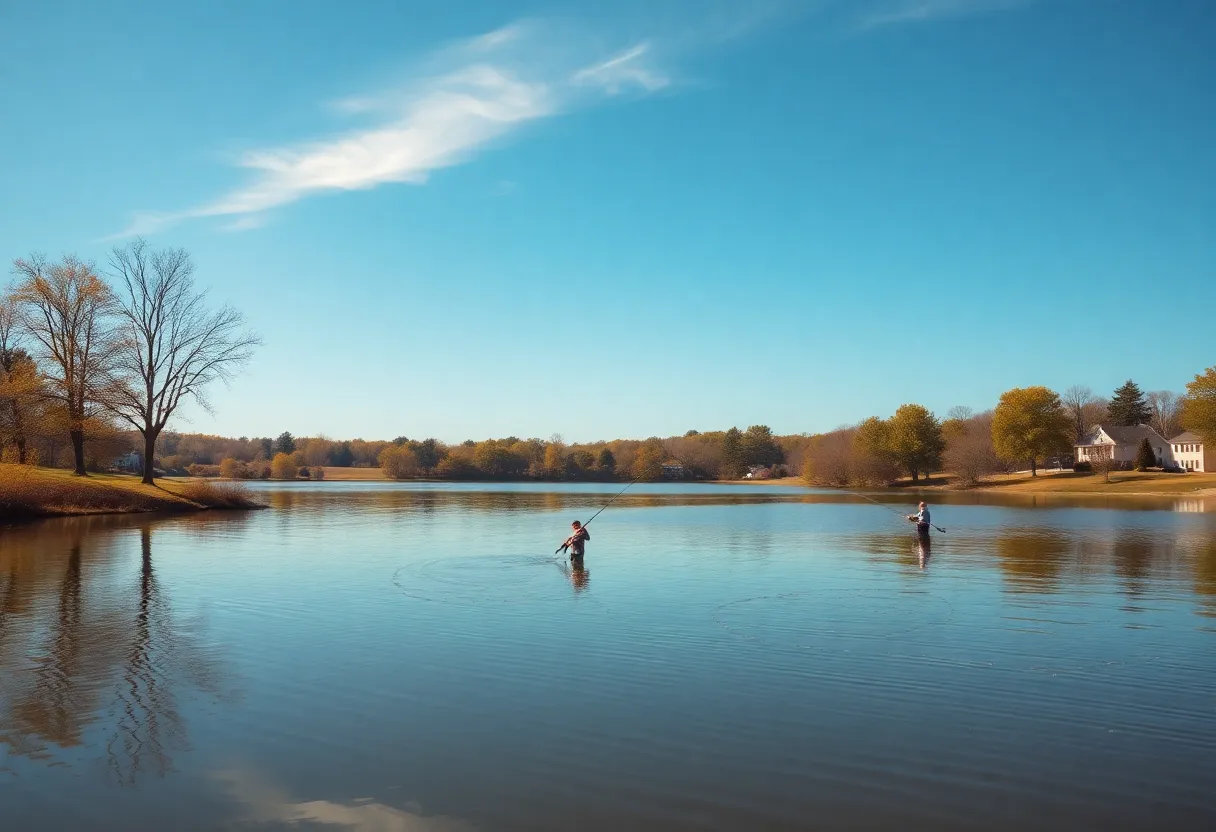 Anglers fishing at a neighborhood lake in Kentucky