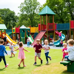 Adventure playground at Gatton Park in Lexington with children playing