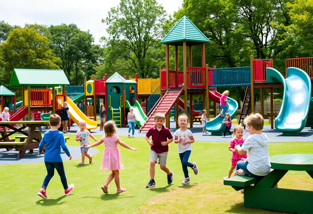 Adventure playground at Gatton Park in Lexington with children playing