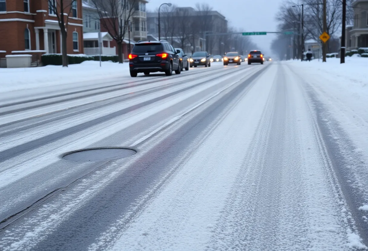 Snow-covered road with potholes in Lexington during winter storm