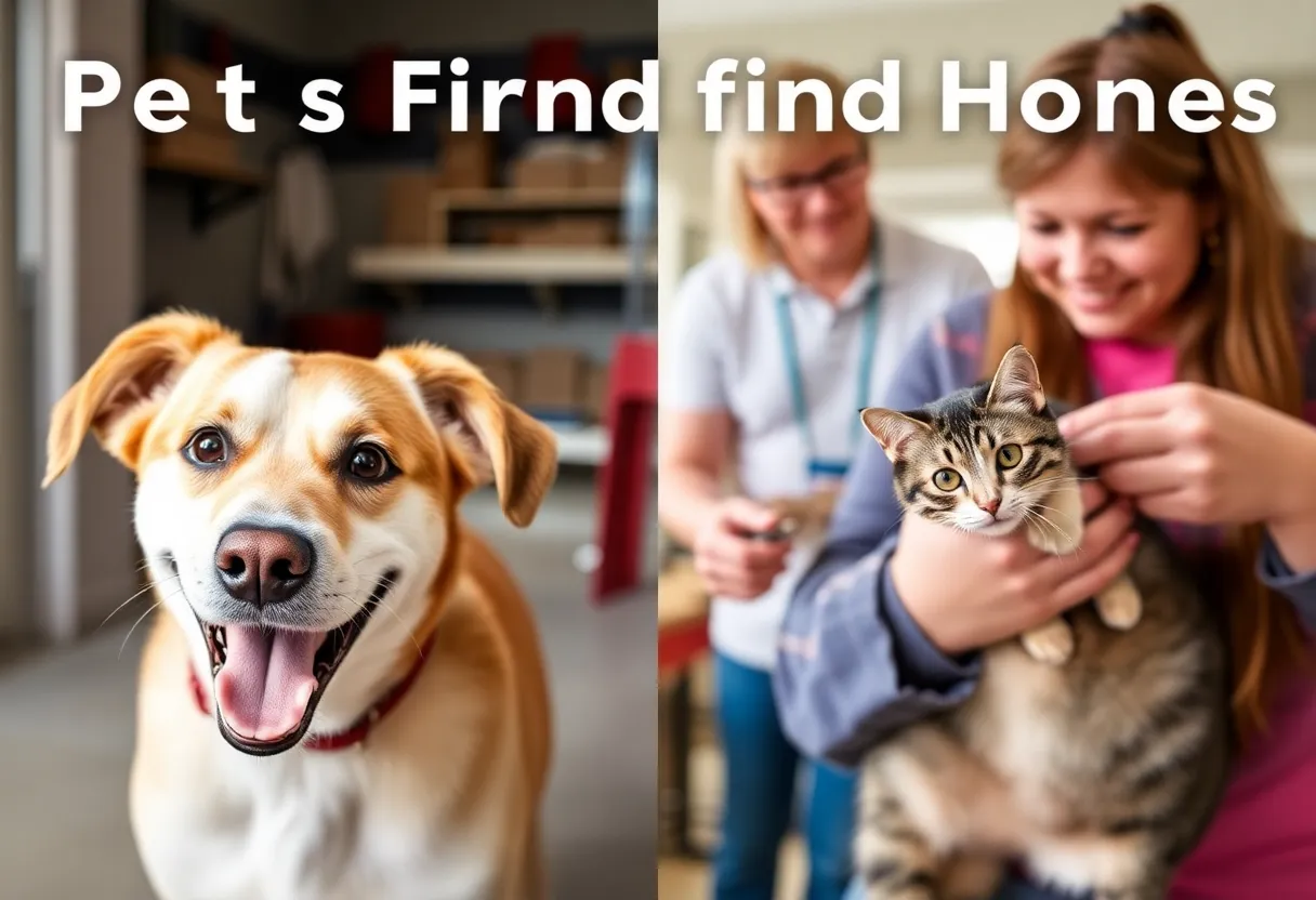 A joyful reunion between a pet and its owner alongside other rescued animals in a warm setting.