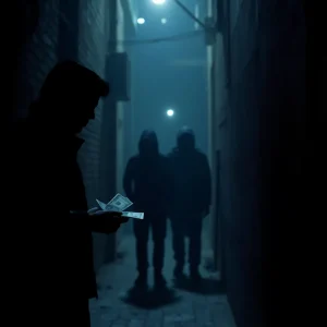 Illustration of human trafficking in a dark alley.