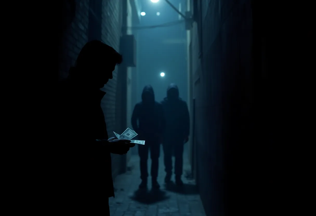Illustration of human trafficking in a dark alley.