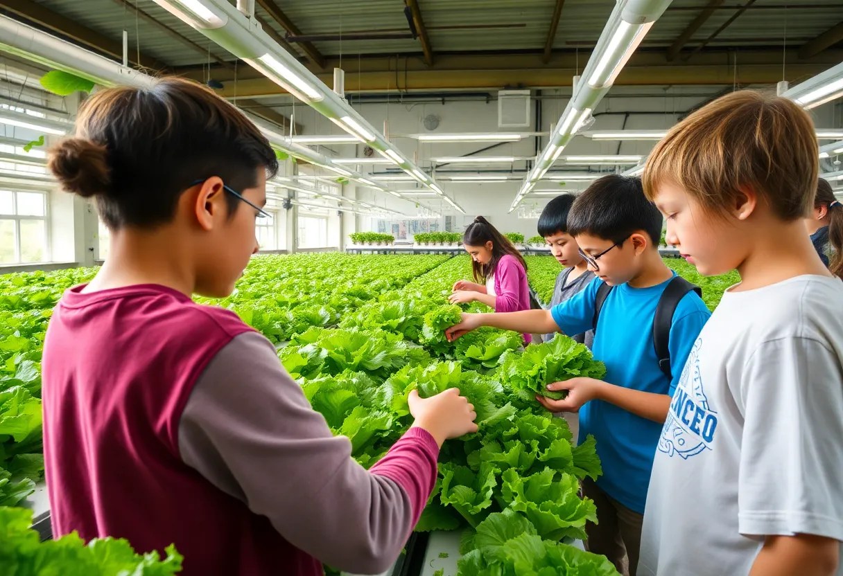Students working in a hydroponic container farm growing lettuce