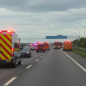 Emergency vehicles at a collision scene on I-75.