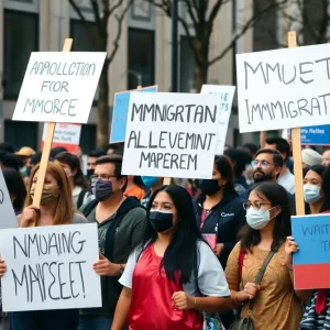 Protesters demonstrating against the new immigration law