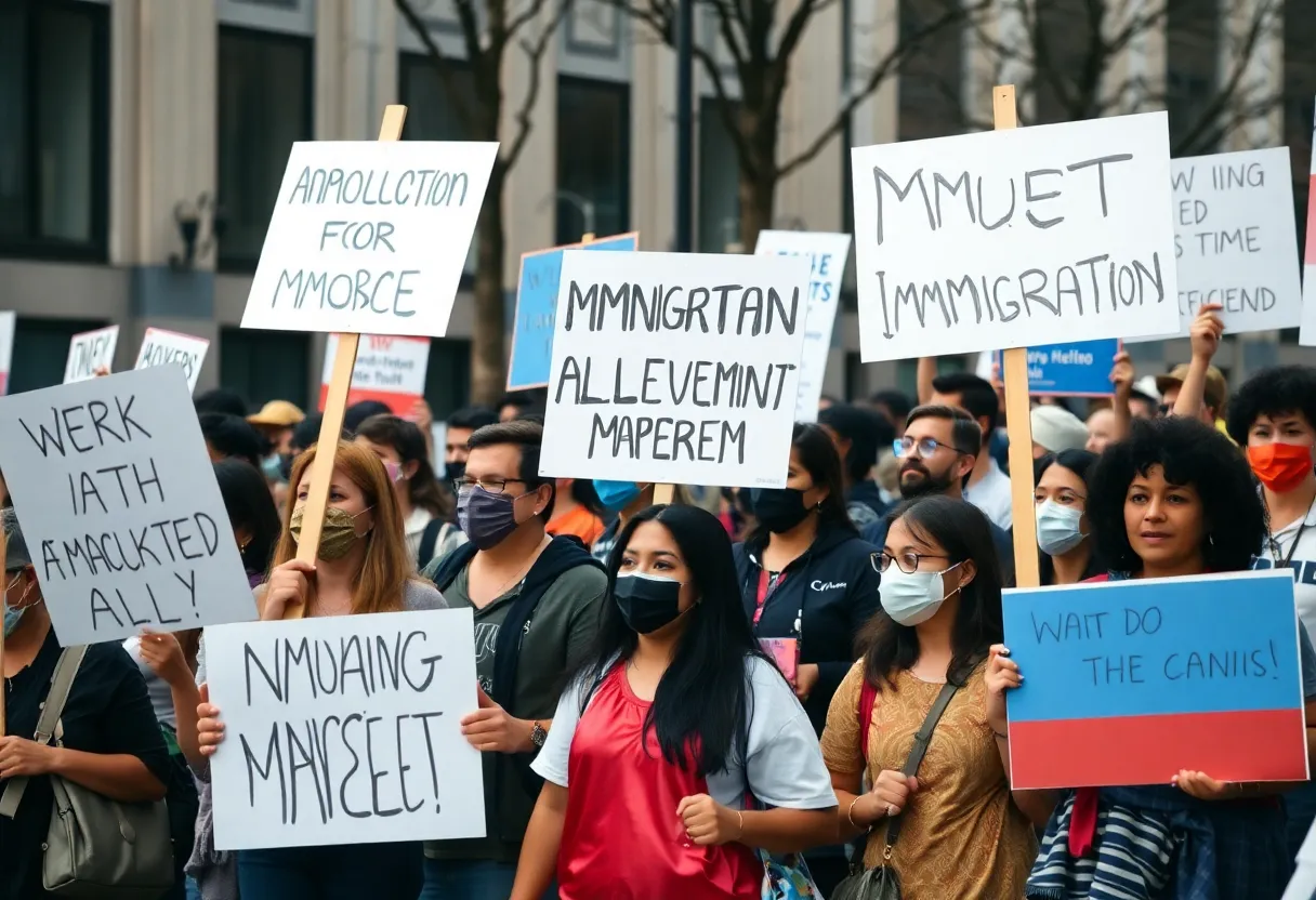 Protesters demonstrating against the new immigration law