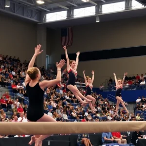 Kentucky gymnastics team performing in a competition with fans cheering