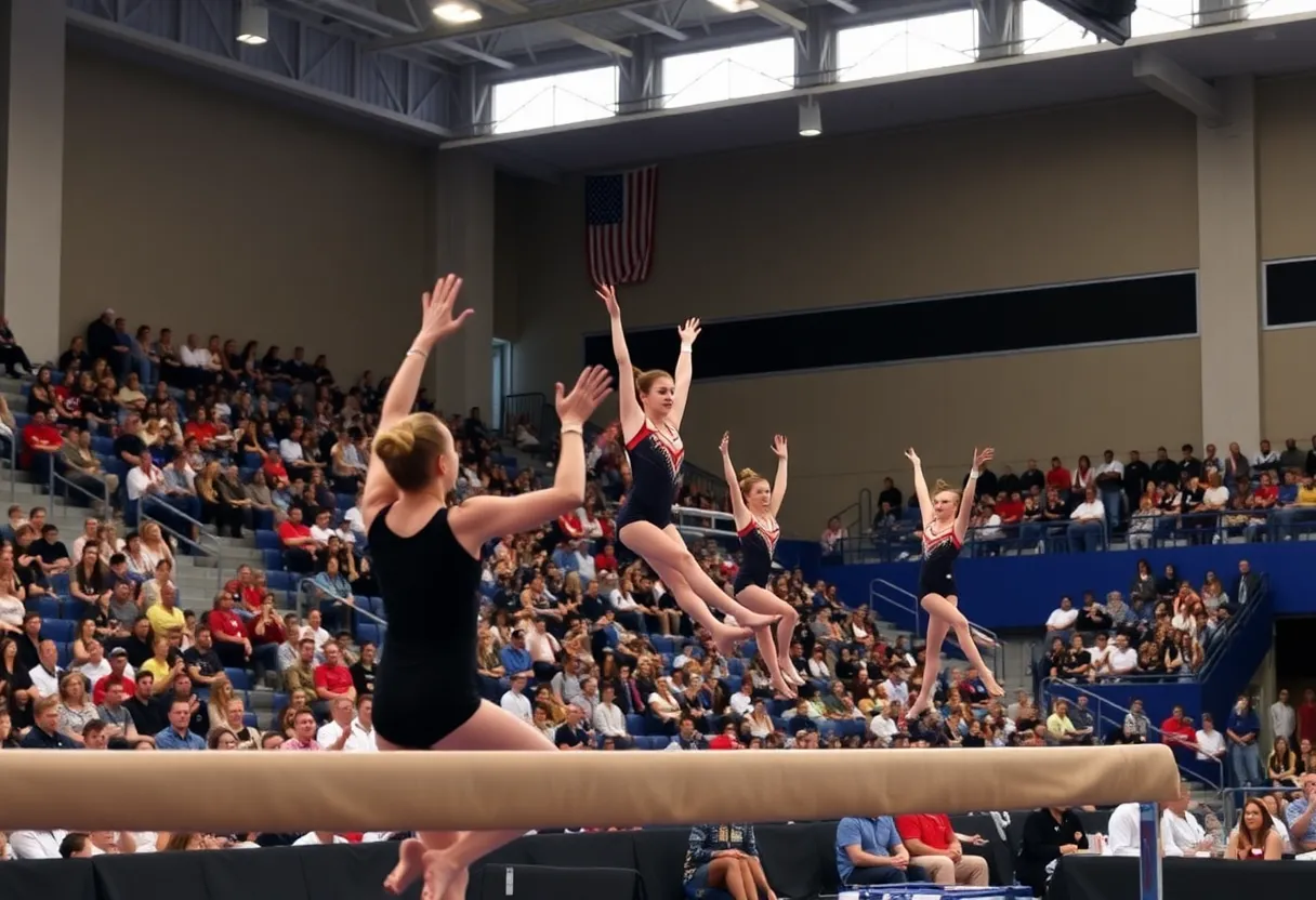 Kentucky gymnastics team performing in a competition with fans cheering