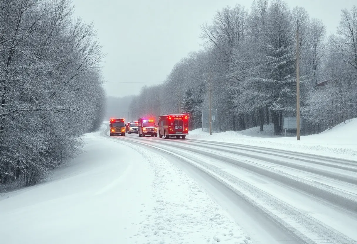 Snowy landscape in Kentucky with emergency vehicles
