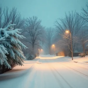 A winter storm in Kentucky with snow-covered trees and a quiet street