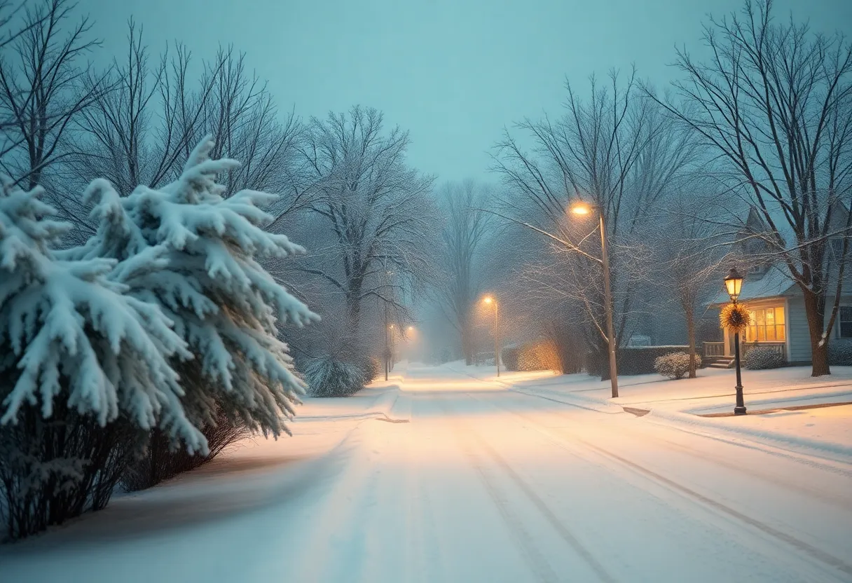 A winter storm in Kentucky with snow-covered trees and a quiet street