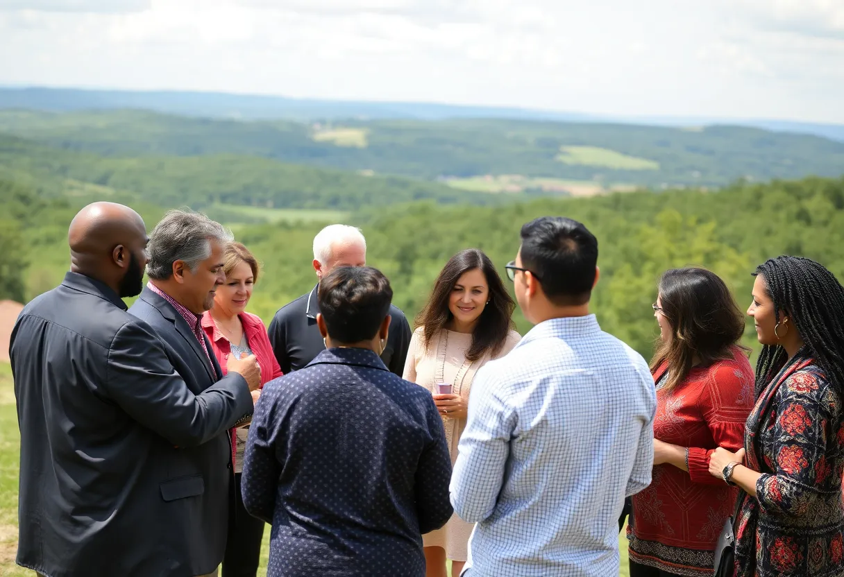 Diverse leaders engaged in discussion outdoors in Kentucky