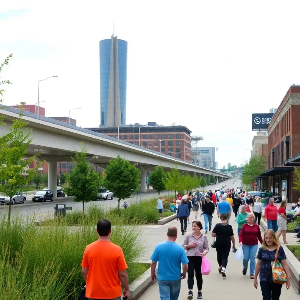 Vibrant scene depicting Lexington city life with people and modern buildings.