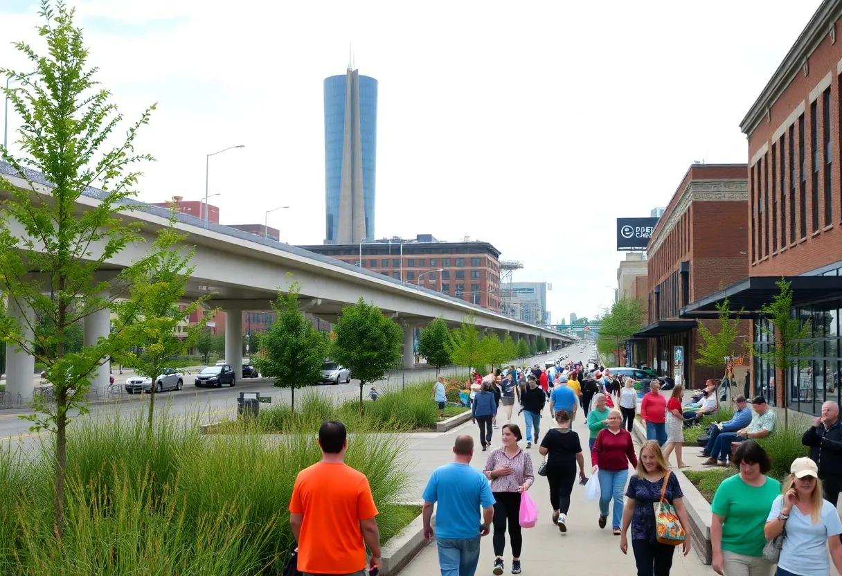 Vibrant scene depicting Lexington city life with people and modern buildings.