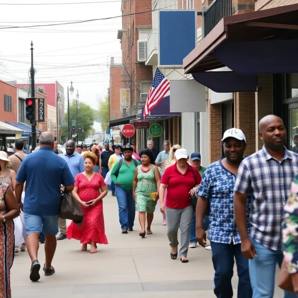 A street view of Lexington, Kentucky, depicting community life and economic diversity.