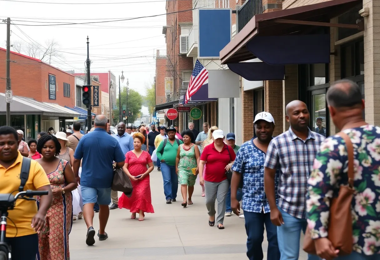 A street view of Lexington, Kentucky, depicting community life and economic diversity.