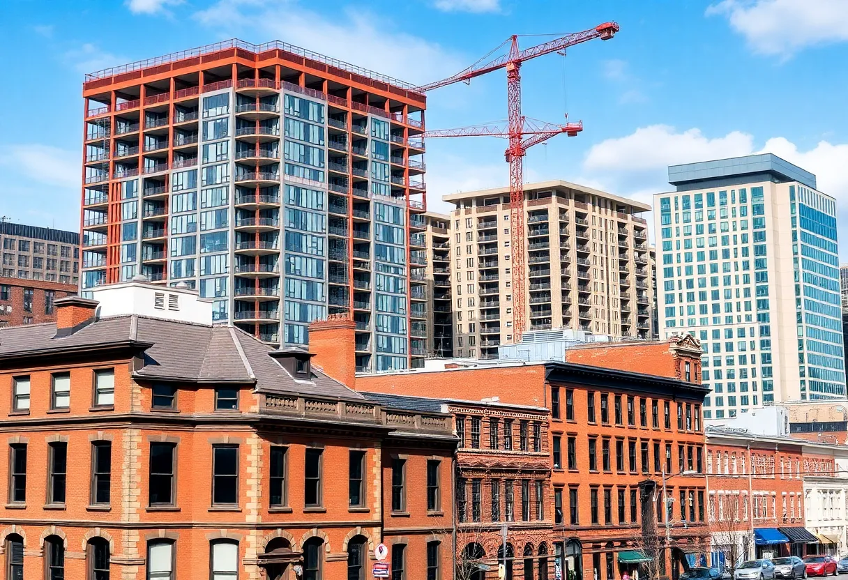 New apartment buildings being constructed in Lexington city with historic architecture nearby
