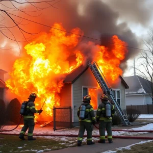 Firefighters fighting a structure fire in Lexington, Kentucky.