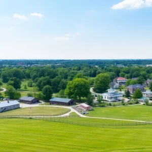 A picturesque scene in Lexington, KY with horse farms and greenery.