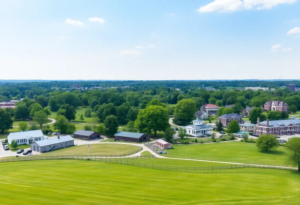 A picturesque scene in Lexington, KY with horse farms and greenery.